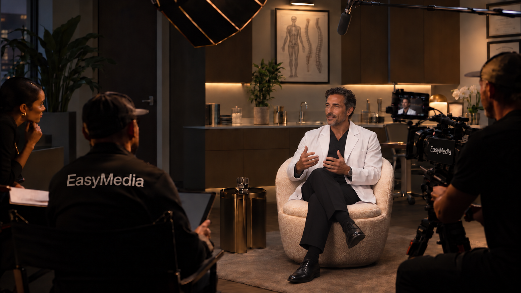 An EasyMedia production team filming a doctor, with EasyMedia branding visible on the camera equipment
